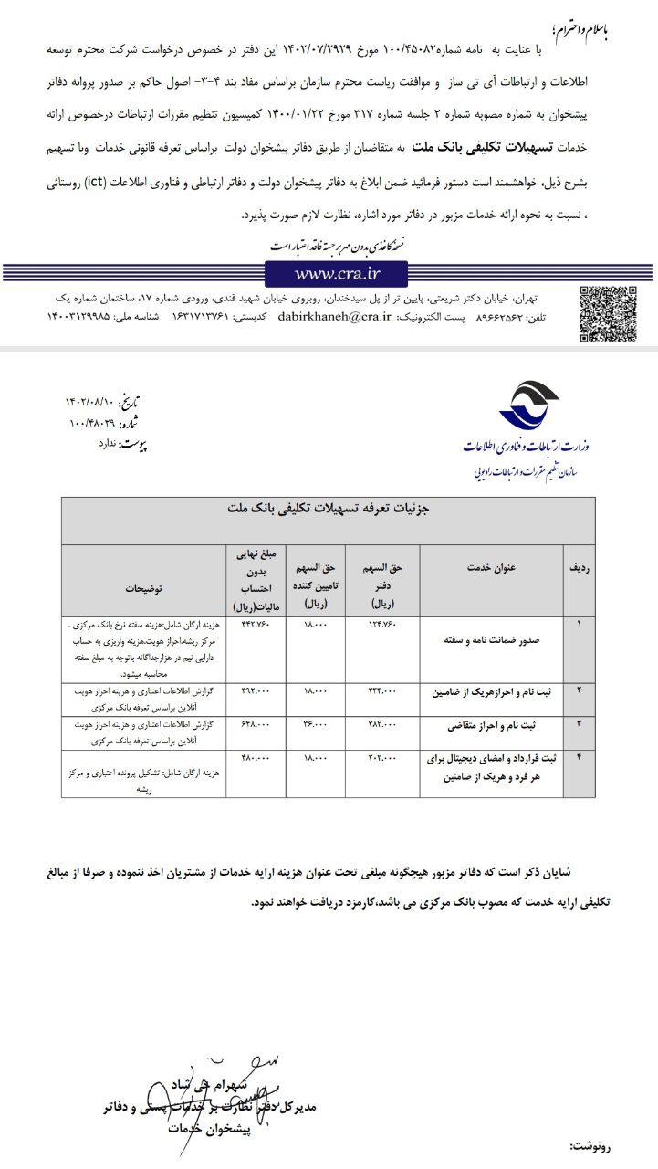 ابلاغیه سازمان تنظیم در خصوص خدمات تسهیلات تکلیفی بانک ملت